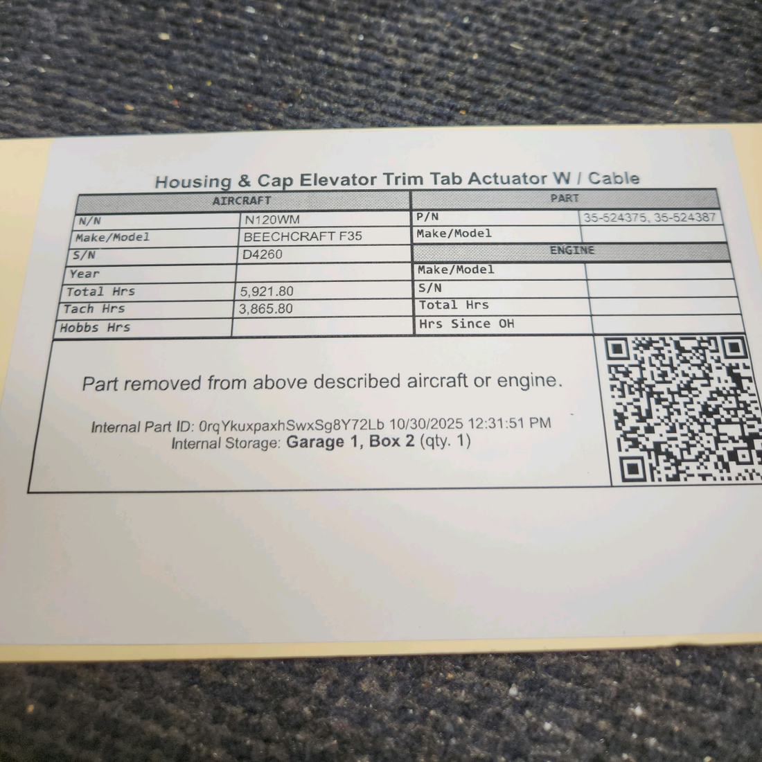 Used aircraft parts for sale, 35-524375 BEECHCRAFT F35 Elevator Trim Tab Actuator Housing & Cap with Cable