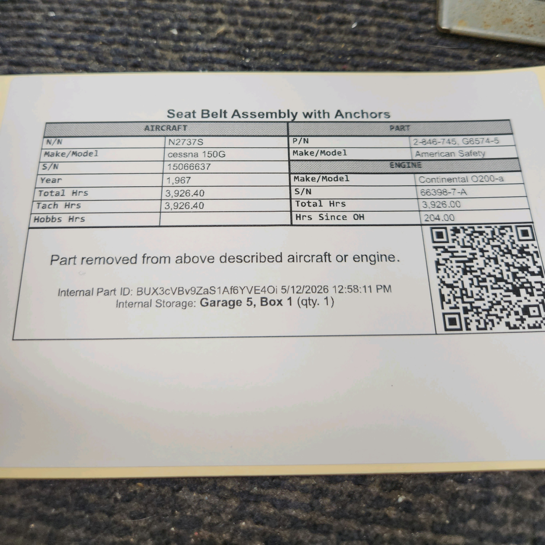 Used aircraft parts for sale, 2-846-745 American Safety cessna 150G Seat Belt Assembly with Anchors