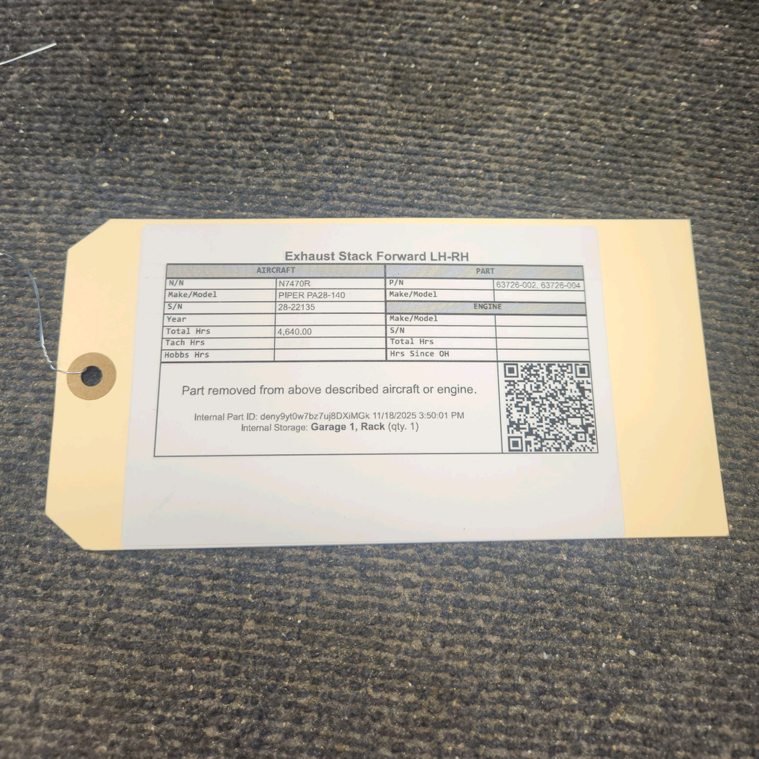 Used aircraft parts for sale, 63726-002 Piper PA28-140 Exhaust Stack Forward - LH/RH