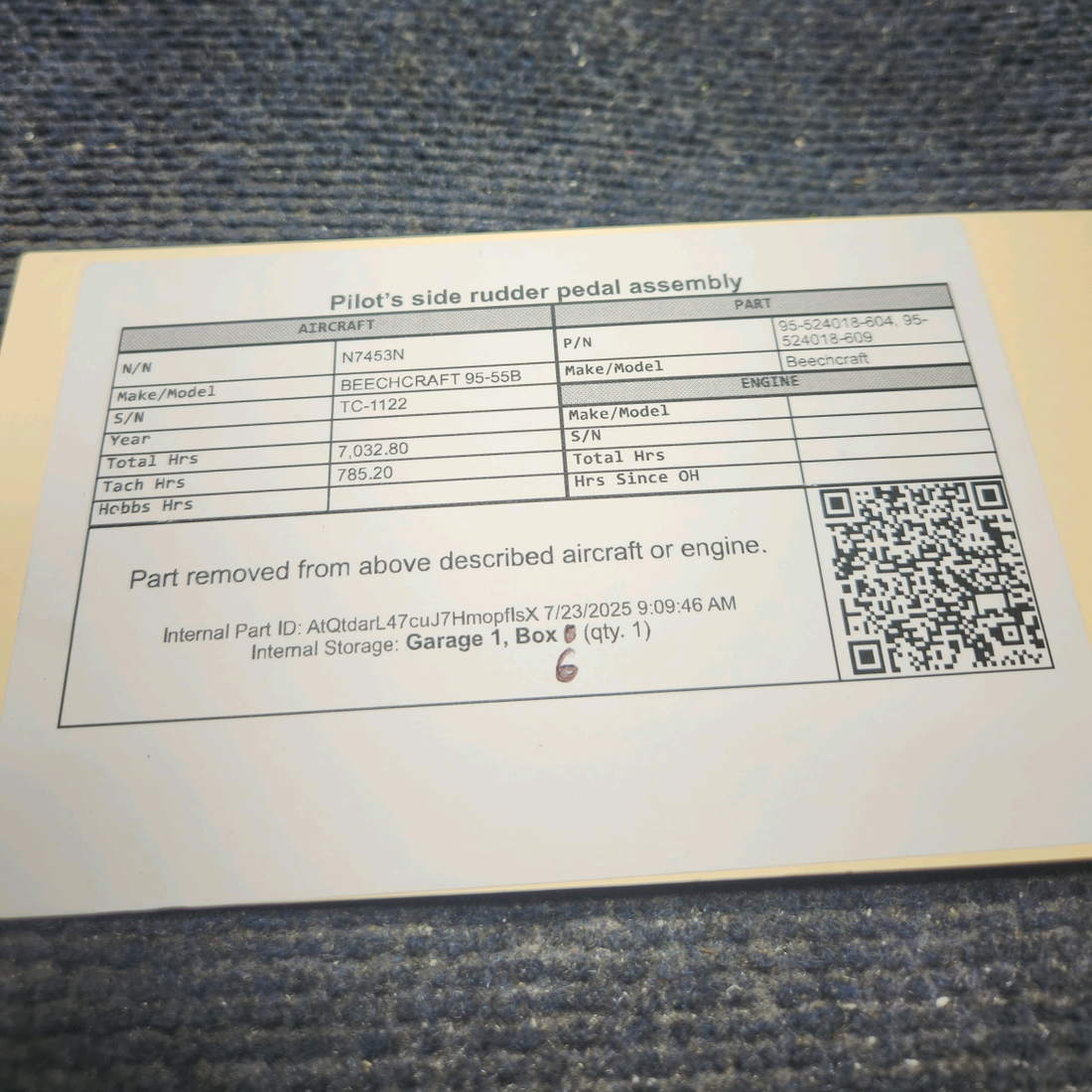 Used aircraft parts for sale, 95-524018-604 BEECHCRAFT 95-55B Pilot’s Side Rudder Pedal Assembly