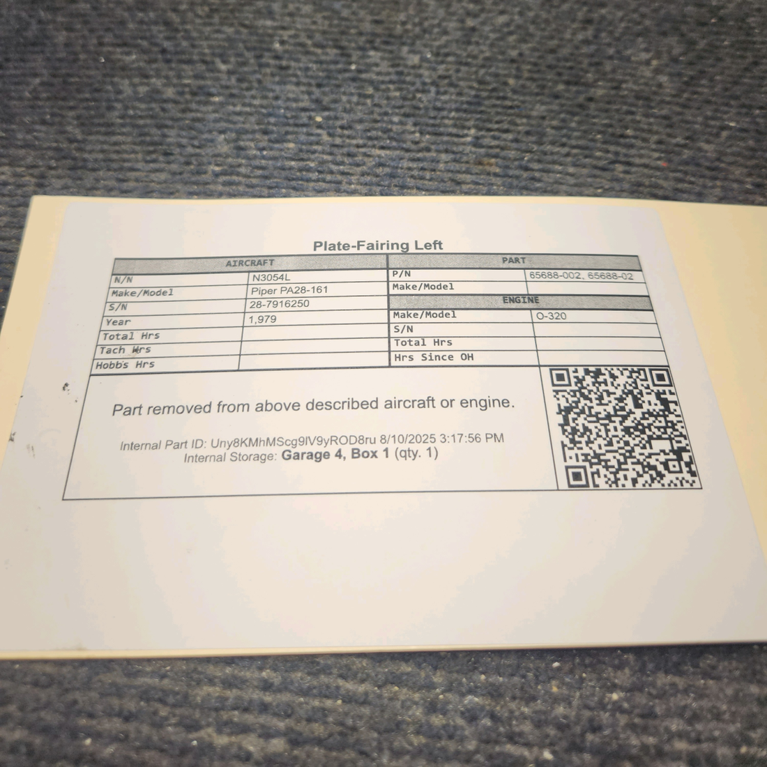 Used aircraft parts for sale, 65688-002 Piper PA28-161 Fairing Plate - LH