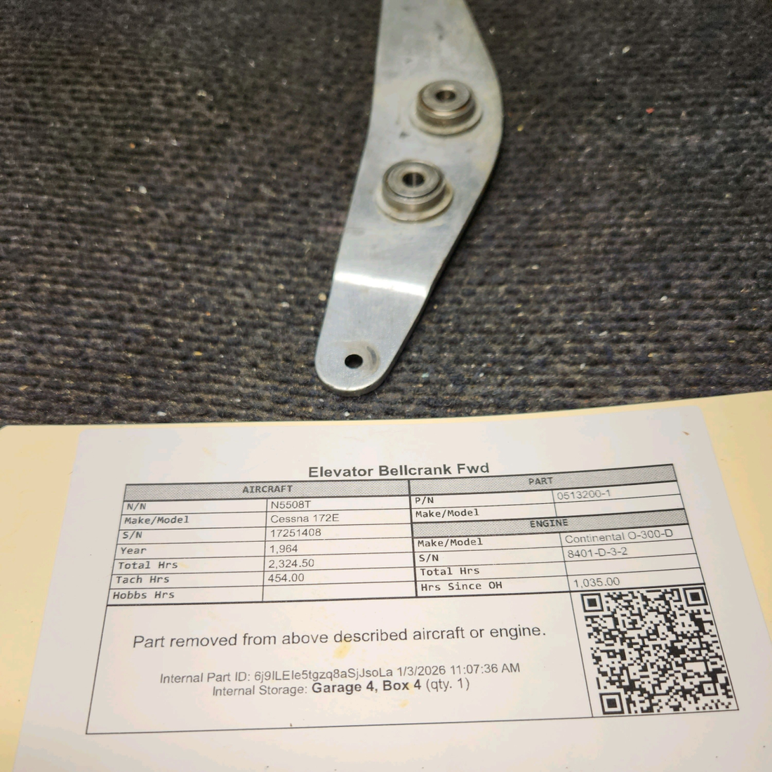 Used aircraft parts for sale, 0513200-1 Cessna 172E Elevator Bellcrank Fwd