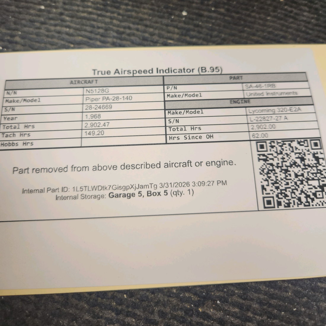 Used aircraft parts for sale, SA-46-1RB United Instruments Piper PA-28-140 True Airspeed Indicator (B.95)