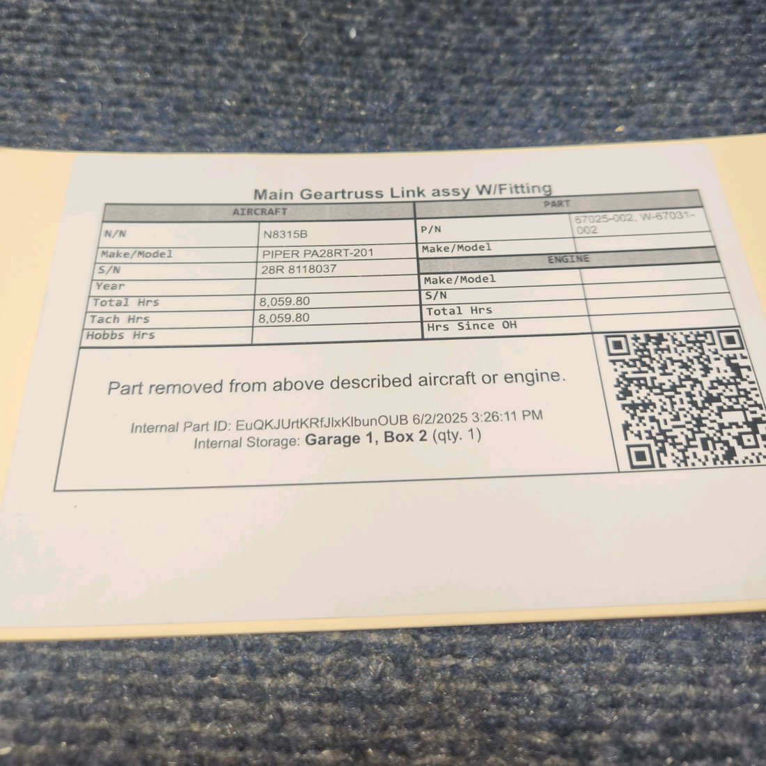 Used aircraft parts for sale, 67025-002 PIPER PA28RT-201 Main Gear Truss Link Assy w/Fitting