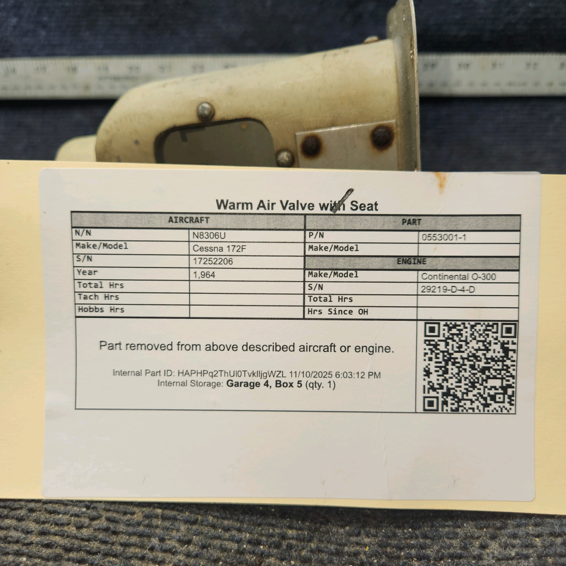 Used aircraft parts for sale, 0553001-1 Cessna 172F Warm Air Valve with Seat