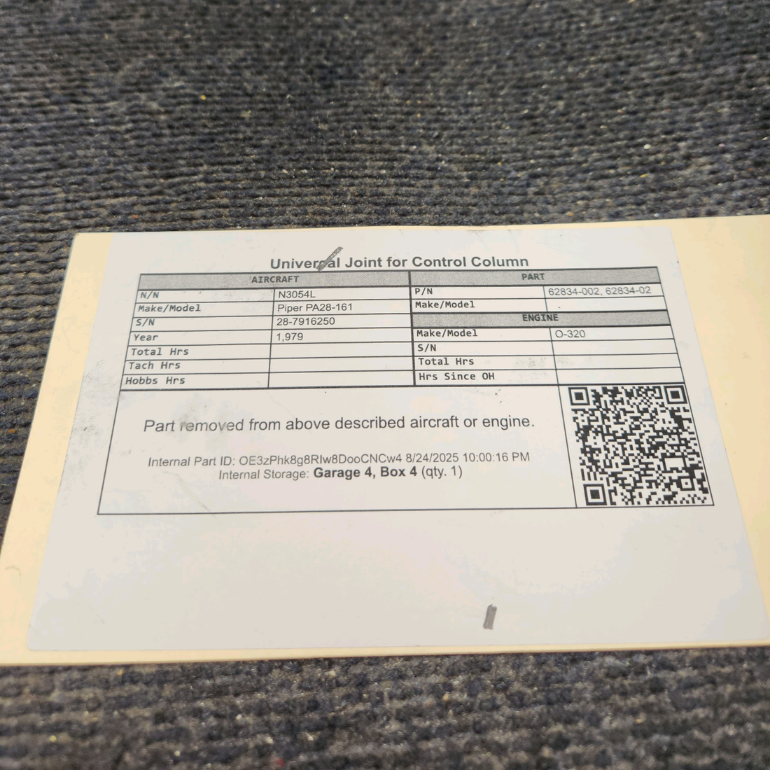 Used aircraft parts for sale, 62834-002 Piper PA28-161 Universal Joint for Control Column