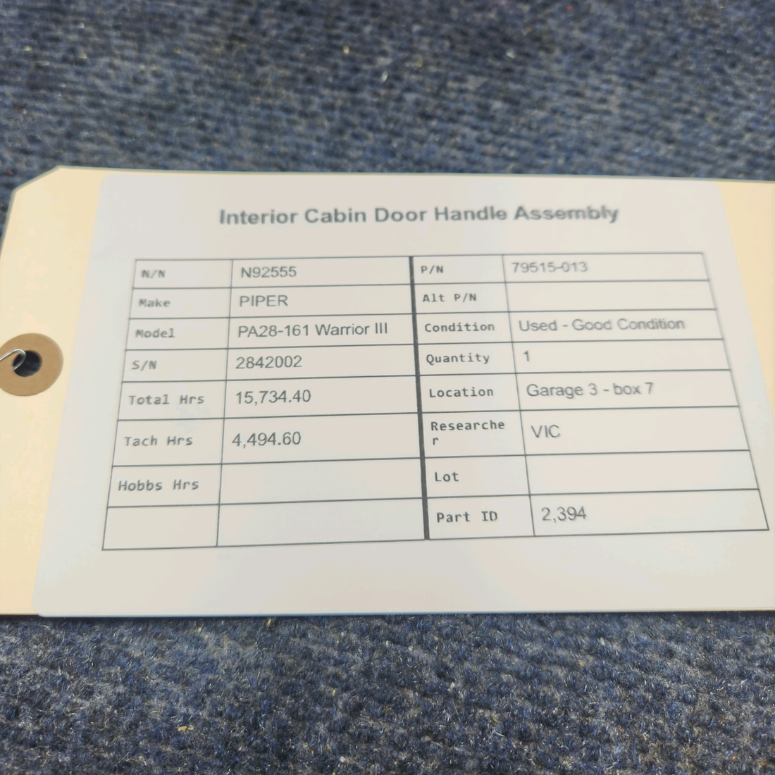 Used aircraft parts for sale, 79515-013 PIPER PA28-161 Warrior III INTERIOR CABIN DOOR HANDLE ASSEMBLY