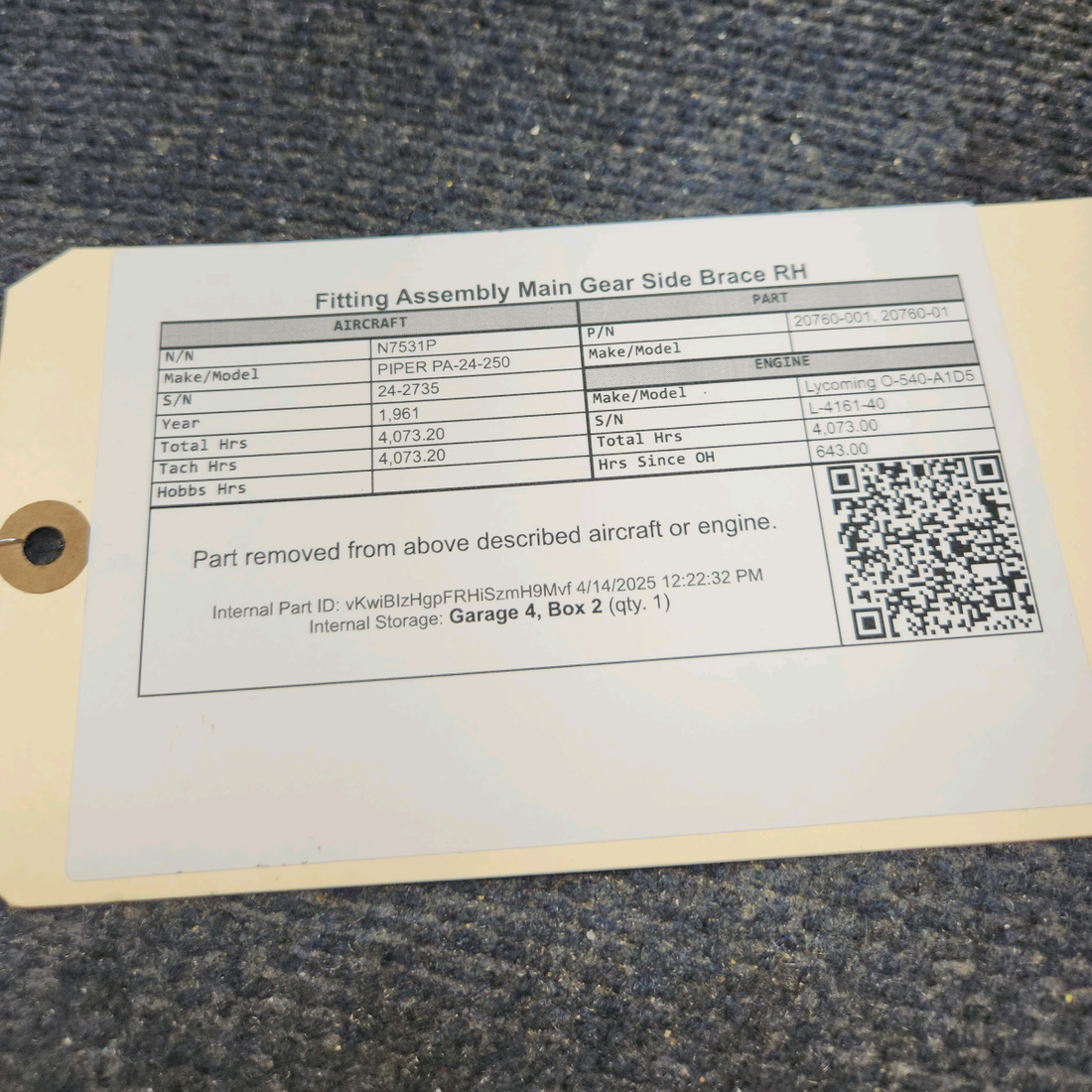 Used aircraft parts for sale, 20760-001 PIPER PA-24-250 Fitting Assembly Main Gear Side Brace RH