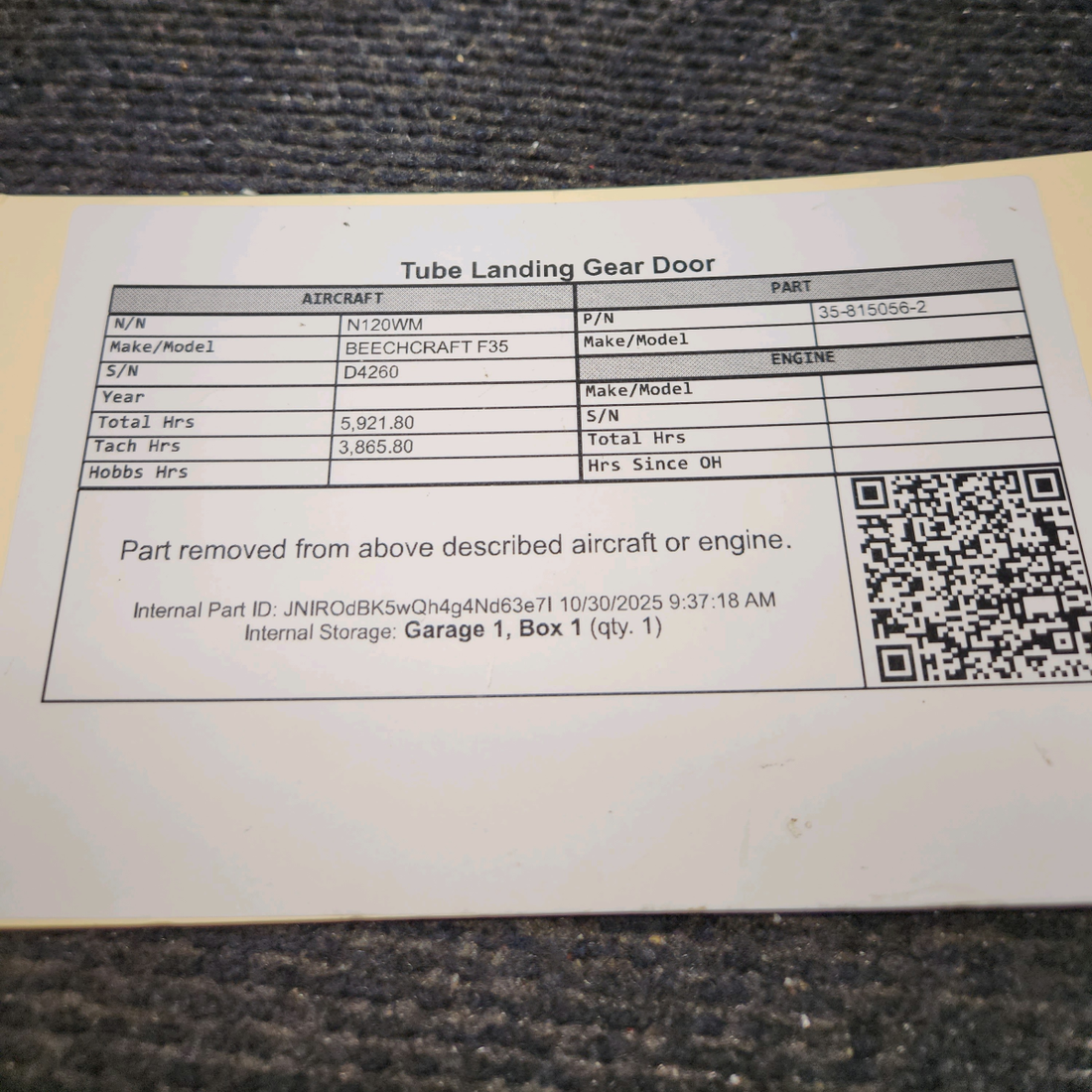Used aircraft parts for sale, 35-815056-2 BEECHCRAFT F35 Tube Landing Gear Door