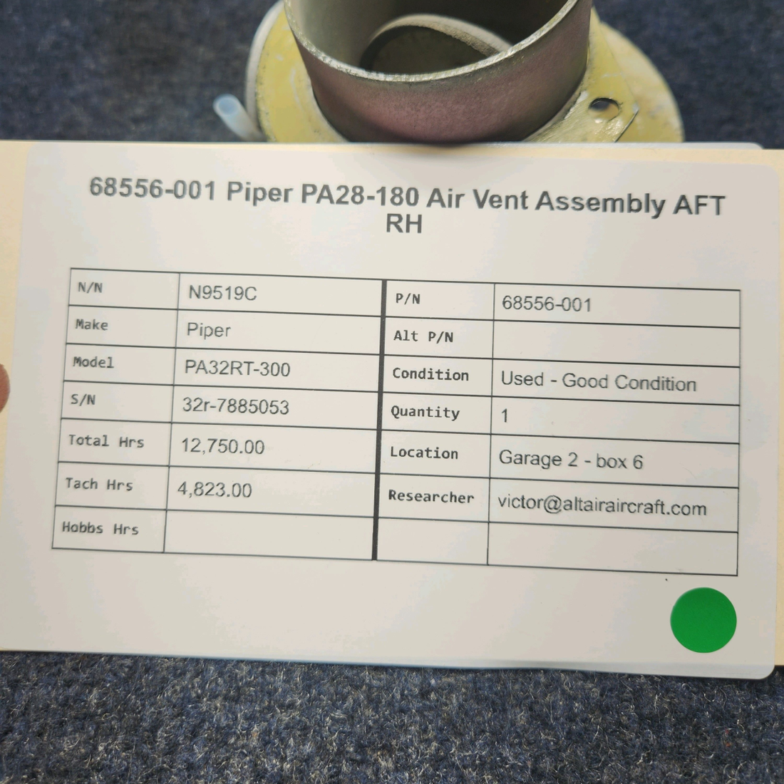 Used aircraft parts for sale, 68556-000 Piper PA32RT-300 AIR VENT ASSEMBLY REAR LH