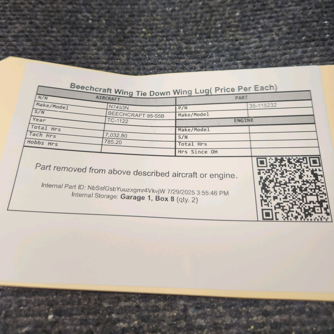 Used aircraft parts for sale, 35-115232 BEECHCRAFT 95-55B Wing Tie-Down – Price per Each