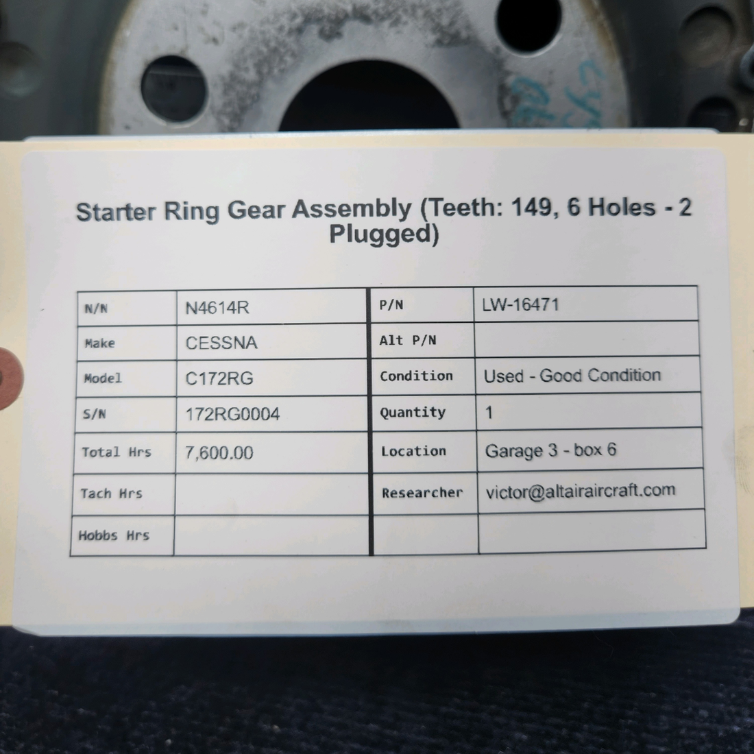 Used aircraft parts for sale, LW-16471 CESSNA C172RG STARTER RING GEAR ASSEMBLY TEETH: 149, 6 HOLES - 2 PLUGGED