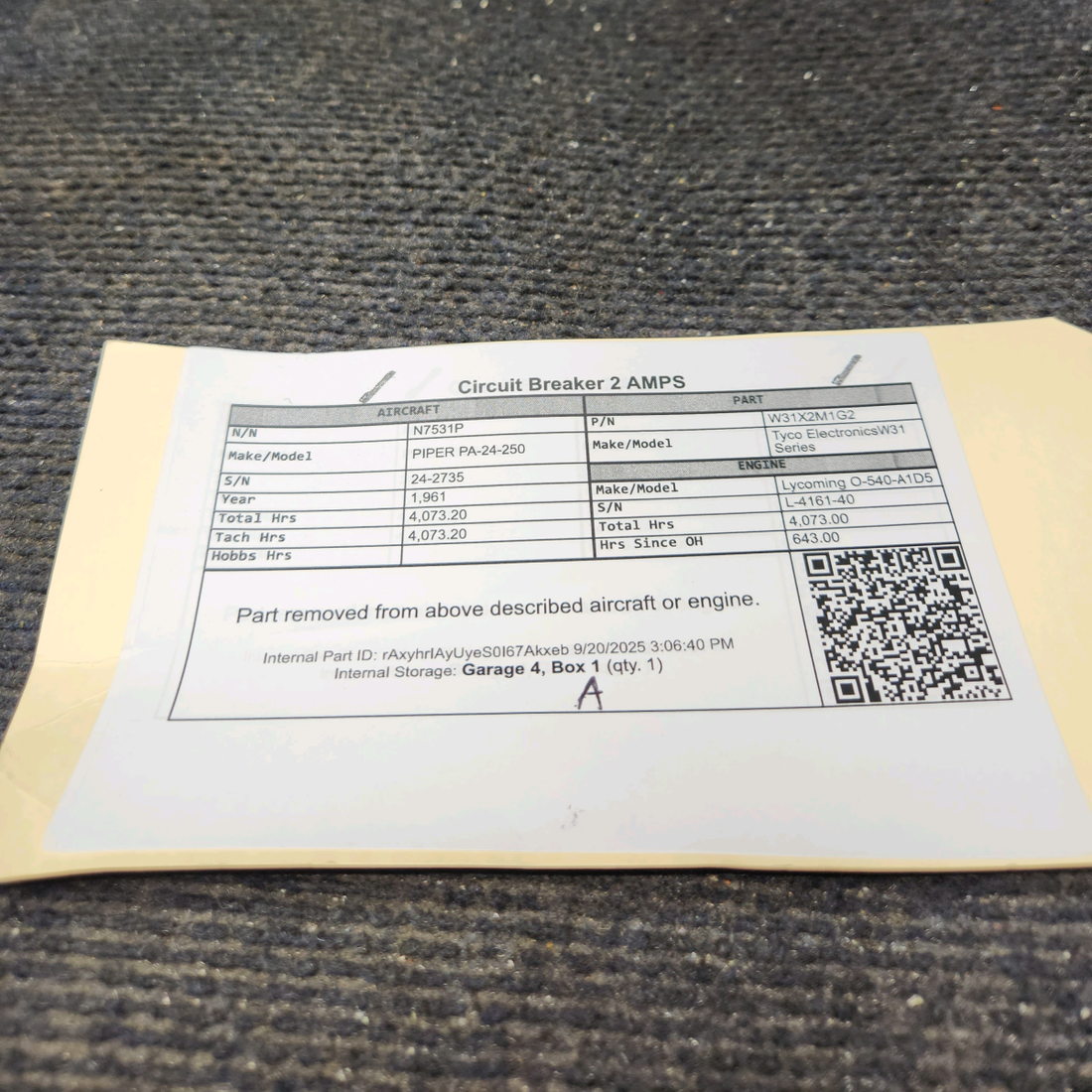 Used aircraft parts for sale, W31X2M1G2 Tyco Electronics W31 Series PIPER PA-24-250 Circuit  Breaker 2 AMPS