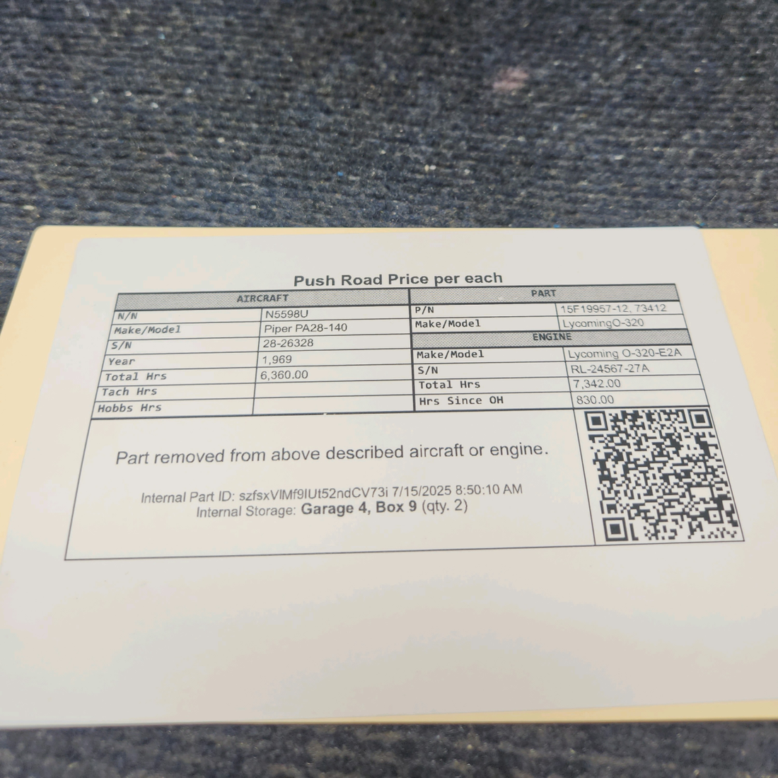 Used aircraft parts for sale, 15F19957-12 Lycoming O-320 Piper PA28-140 Push Rod – Price per Each