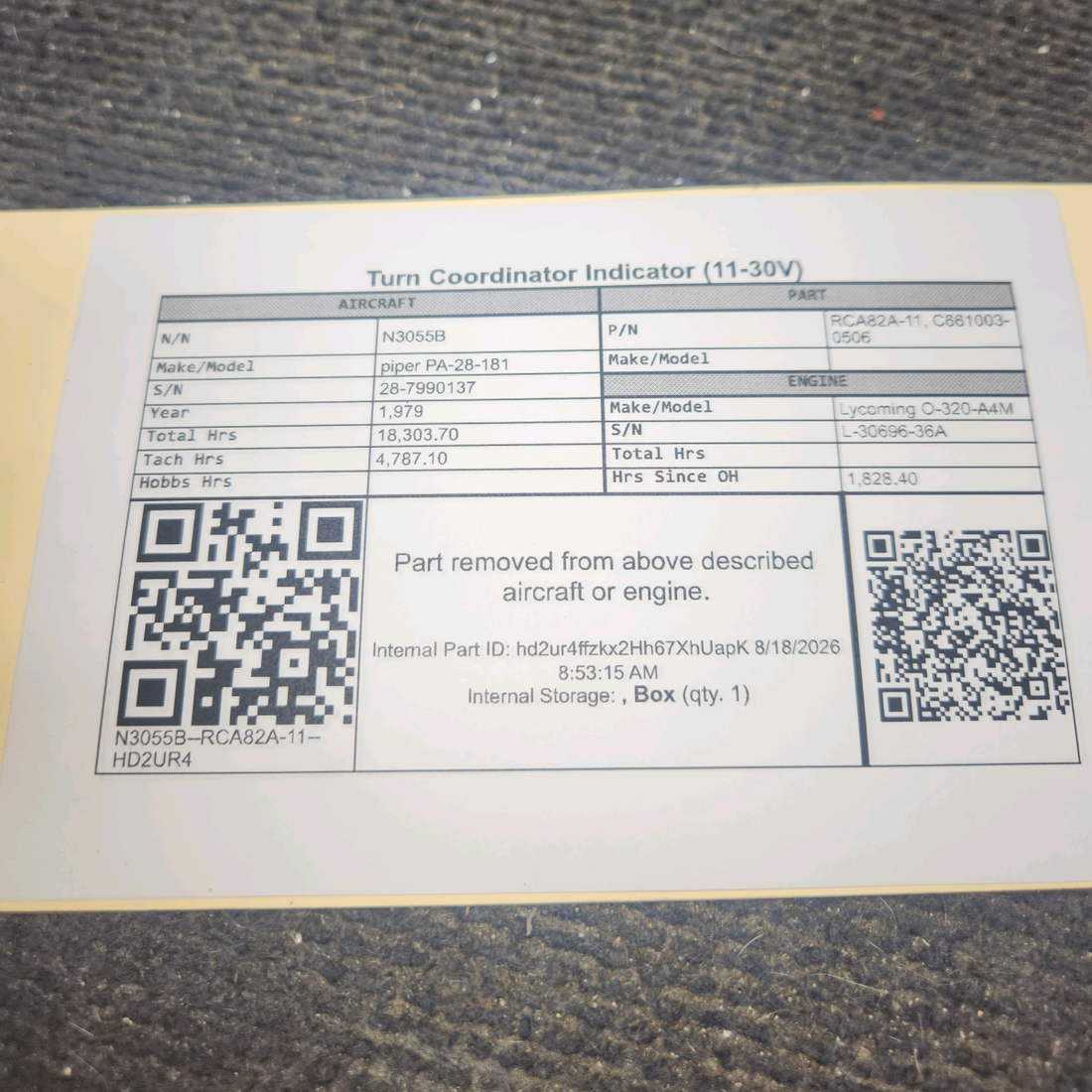 Used aircraft parts for sale, C661003-0506 RC Allen / Kelly Manufacturing piper PA-28-181 Turn Coordinator Indicator (11-30V)