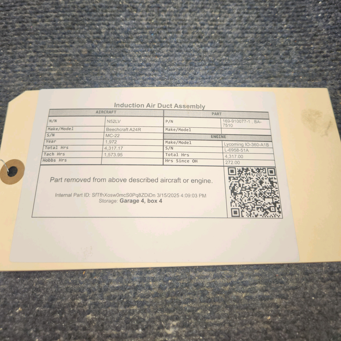 Used aircraft parts for sale, 169-910077-1 Beechcraft A24R Induction Air Duct Assembly