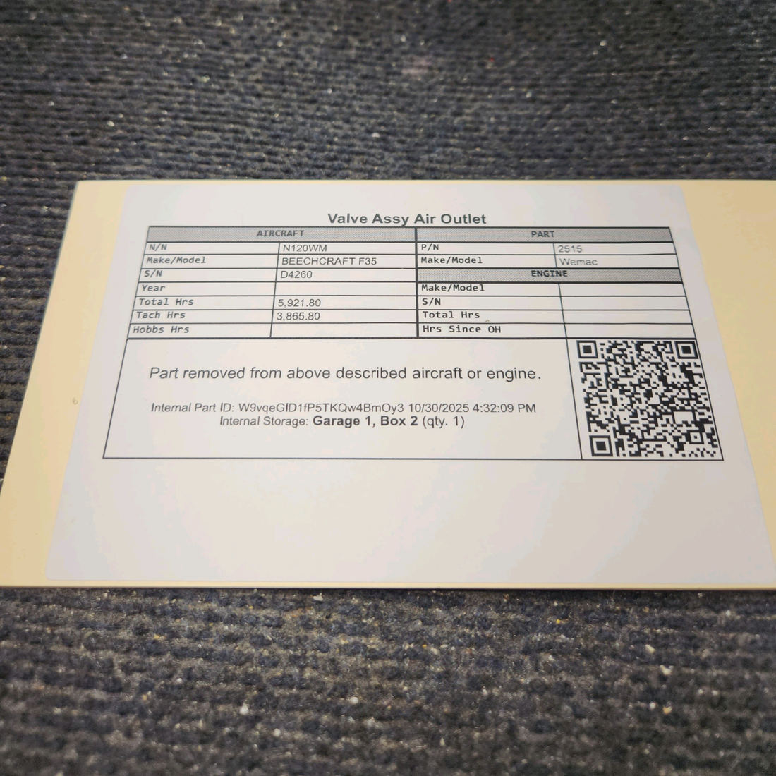 Used aircraft parts for sale, 2515 Wemac BEECHCRAFT F35 Valve Assy Air Outlet