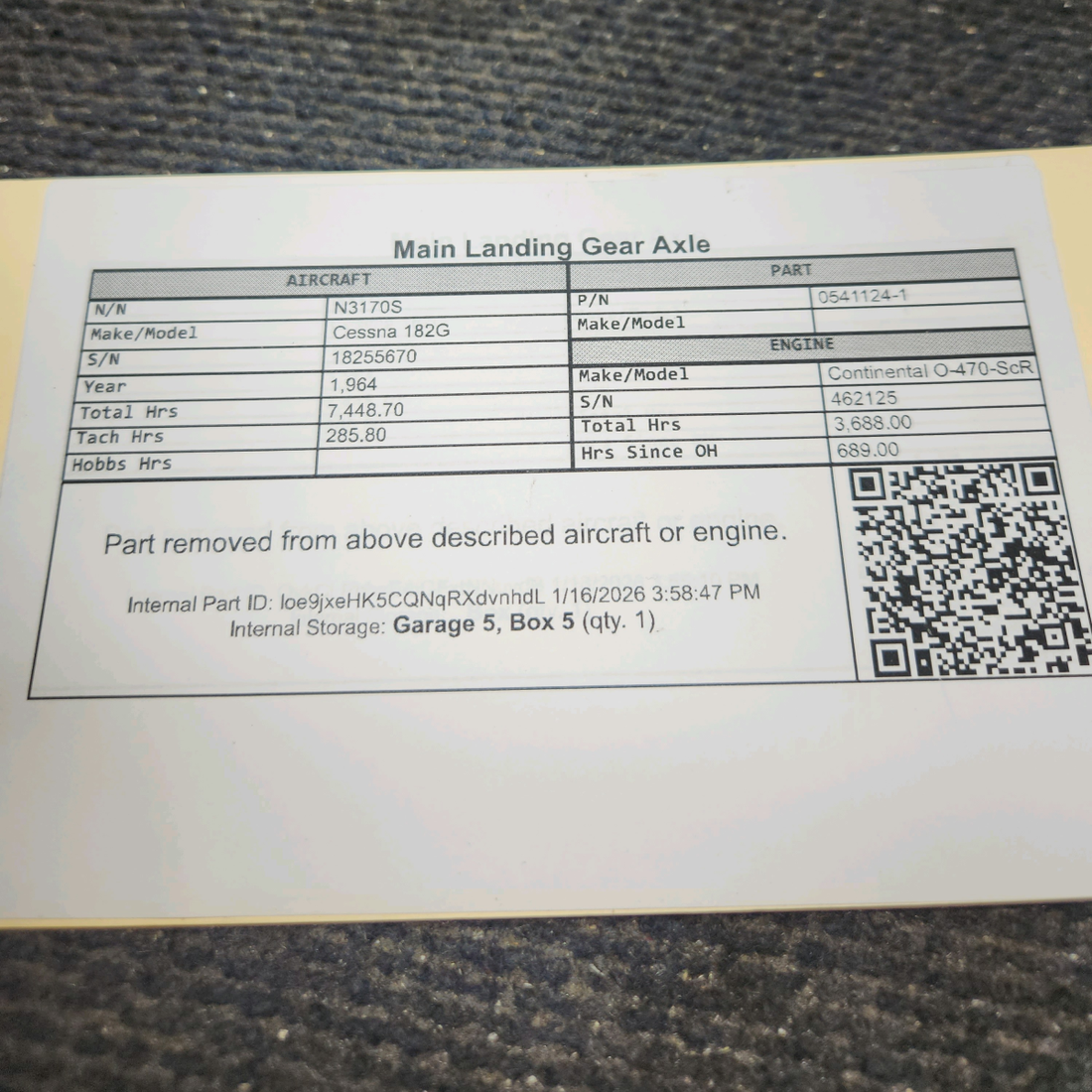 Used aircraft parts for sale, 0541124-1 Cessna 182G Main Landing Gear Axle