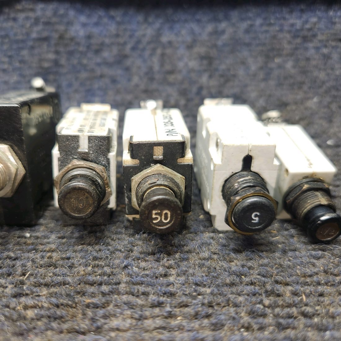 Used aircraft parts for sale, 105-250-101 Beechcraft F35 Breakers set of  9  Various Amps