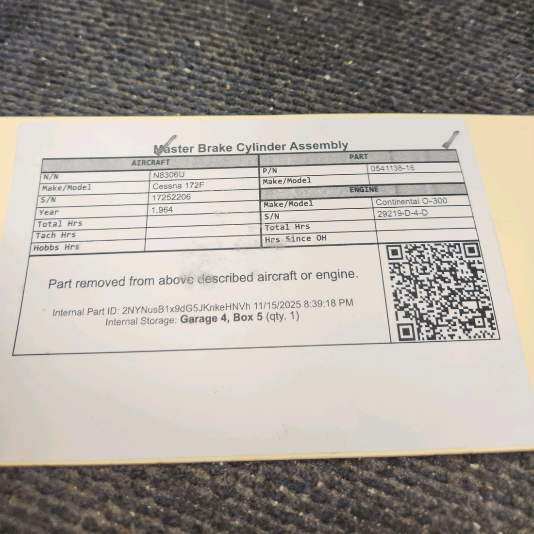 Used aircraft parts for sale, 0541138-16 Cessna 172F Master Brake Cylinder Assembly