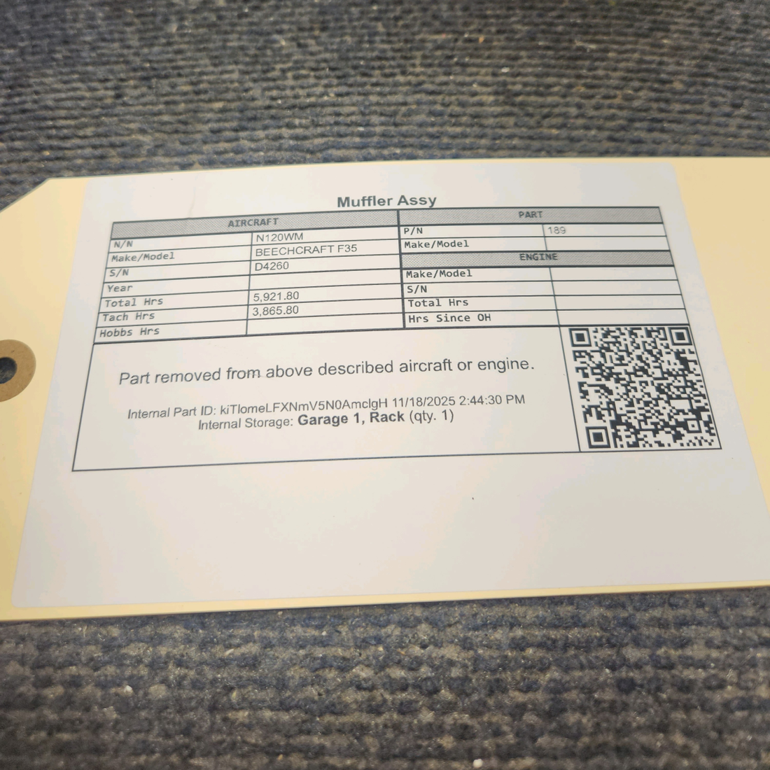 Used aircraft parts for sale, 189 Beechcraft F35 Muffler Assy