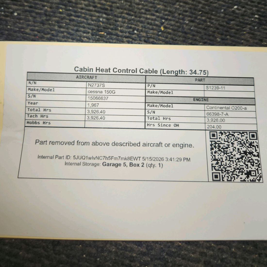 Used aircraft parts for sale, S1239-11 cessna 150G Cabin Heat Control Cable – 34.75 in