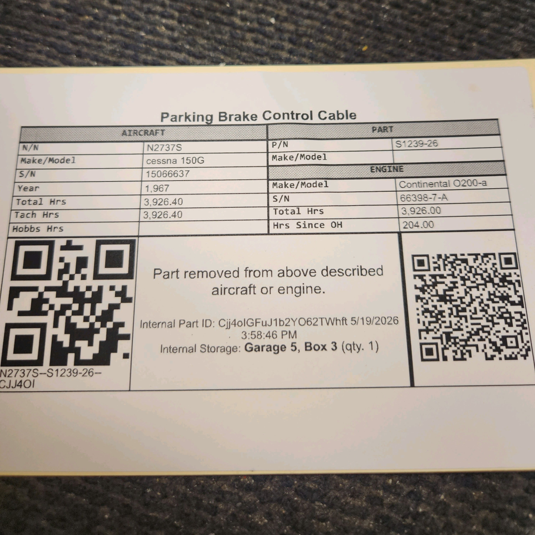 Used aircraft parts for sale, S1239-26 cessna 150G Parking Brake Control Cable