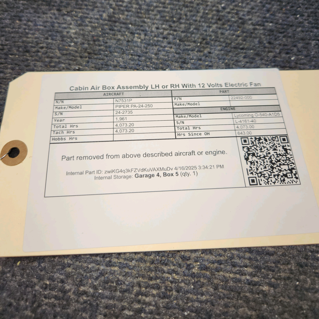 Used aircraft parts for sale, 22492-000 PIPER PA-24-250 Cabin Air Box Assembly LH or RH With 12 Volts Electric Fan