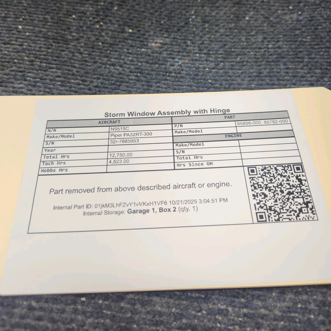 Used aircraft parts for sale, 65896-000 Piper PA32RT-300 Storm Window Assembly with Hinge