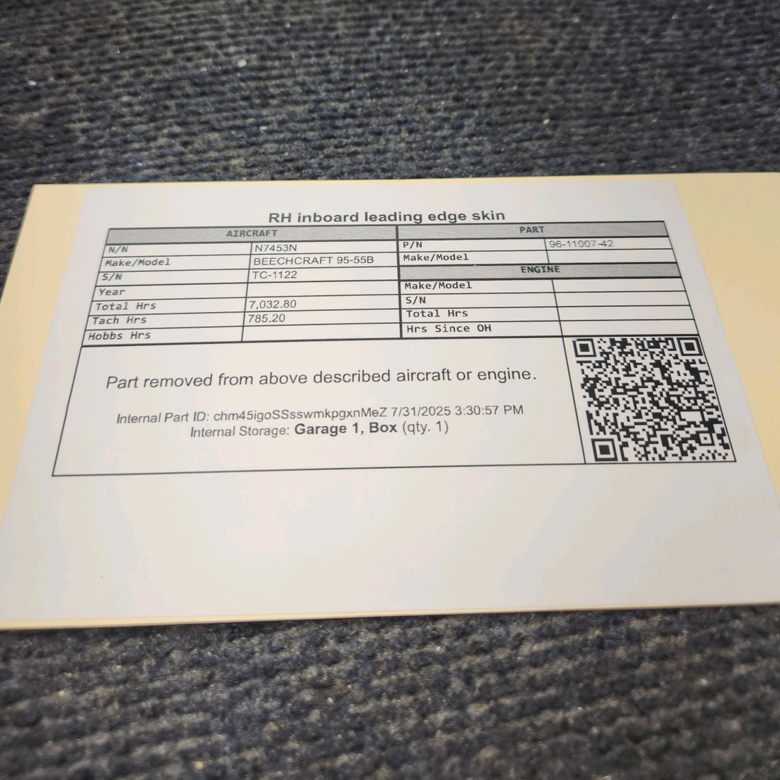 Used aircraft parts for sale, 96-110007-42 BEECHCRAFT 95-55B Inboard Leading Edge Skin - RH