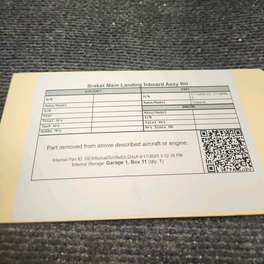 Used aircraft parts for sale, 0713495-22 Cessna C180/185 Main Landing Gear Inboard Bracket Assembly - RH