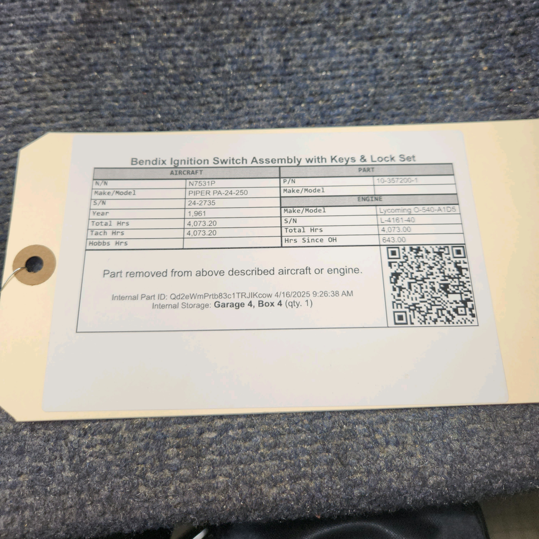 Used aircraft parts for sale, 10-357200-1 Bendix PIPER PA-24-250 Ignition Switch Assembly with Keys & Lock Set