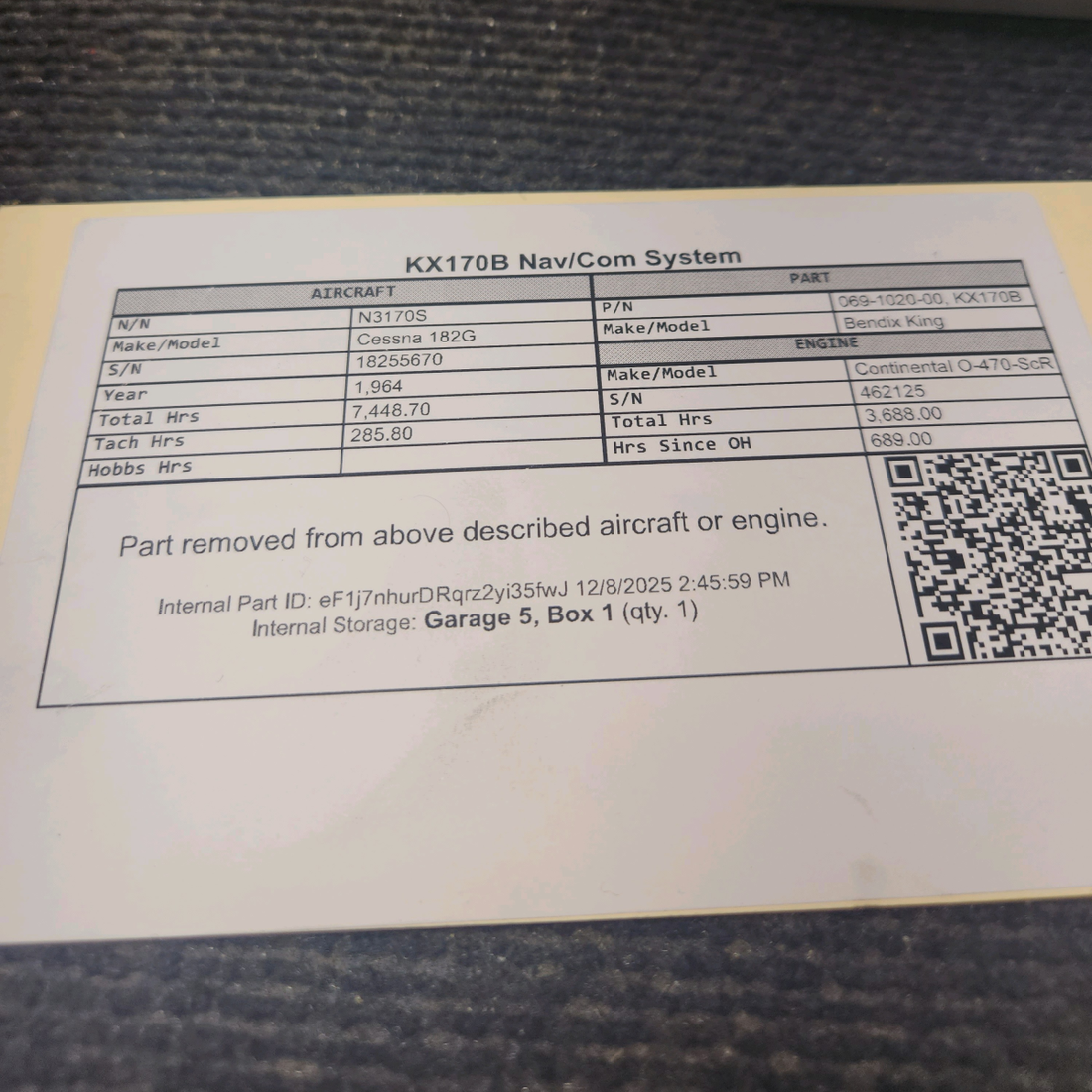 Used aircraft parts for sale, 069-1020-00 Bendix King KX170B Cessna 182G Nav/Com System