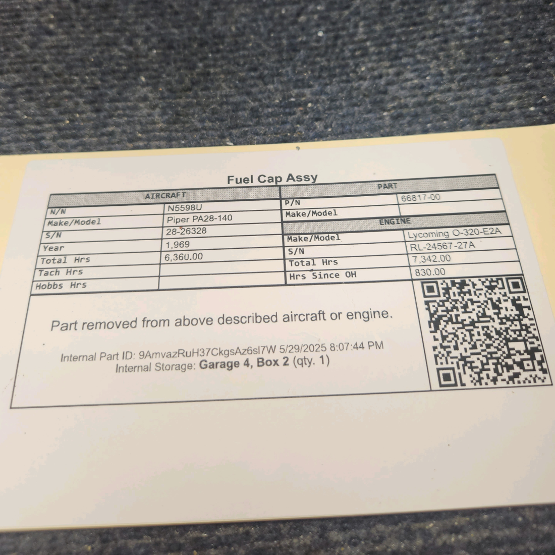 Used aircraft parts for sale, 66817-00 Piper PA28-140 Fuel Cap Assy