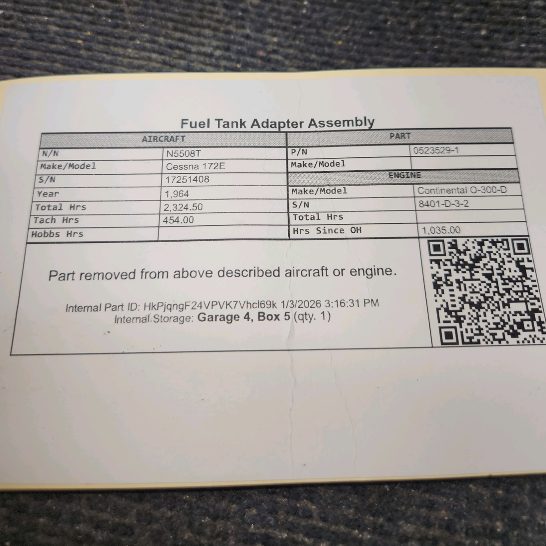 Used aircraft parts for sale, 0523529-1 Cessna 172E Fuel Tank Adapter Assembly