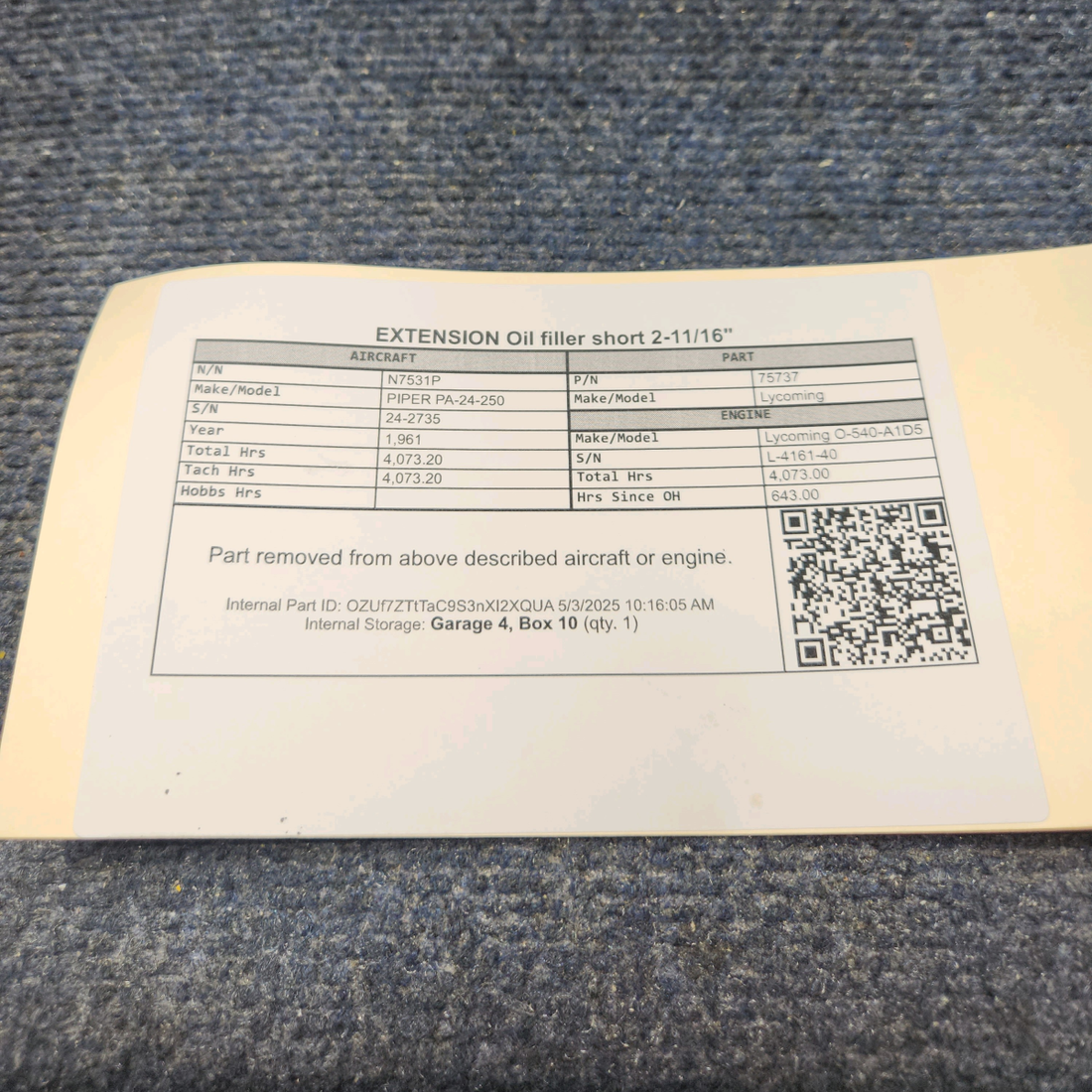Used aircraft parts for sale, 75737 Lycoming O-540 PIPER PA-24-250 EXTENSION Oil filler short 2-11/16"