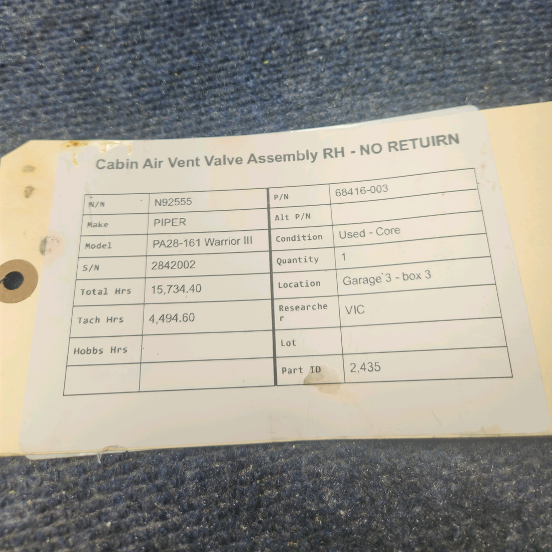 Used aircraft parts for sale, 68416-003 PIPER PA28-161 Warrior III CABIN AIR VENT VALVE ASSEMBLY RH SOLD AS A CORE NO RETURNS.