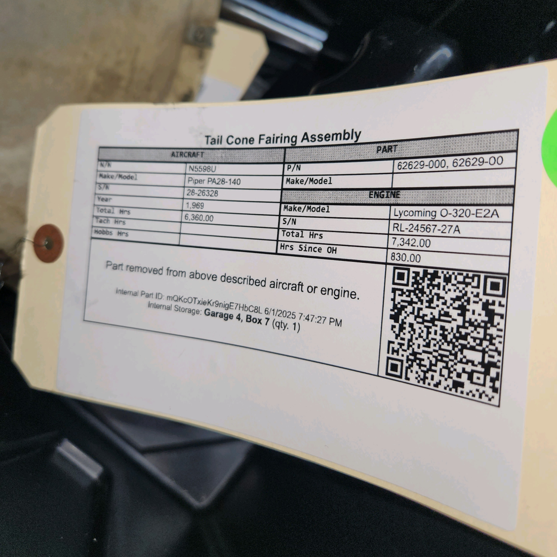 Used aircraft parts for sale, 62629-000 Piper PA28-140 Tail Cone Fairing Assembly