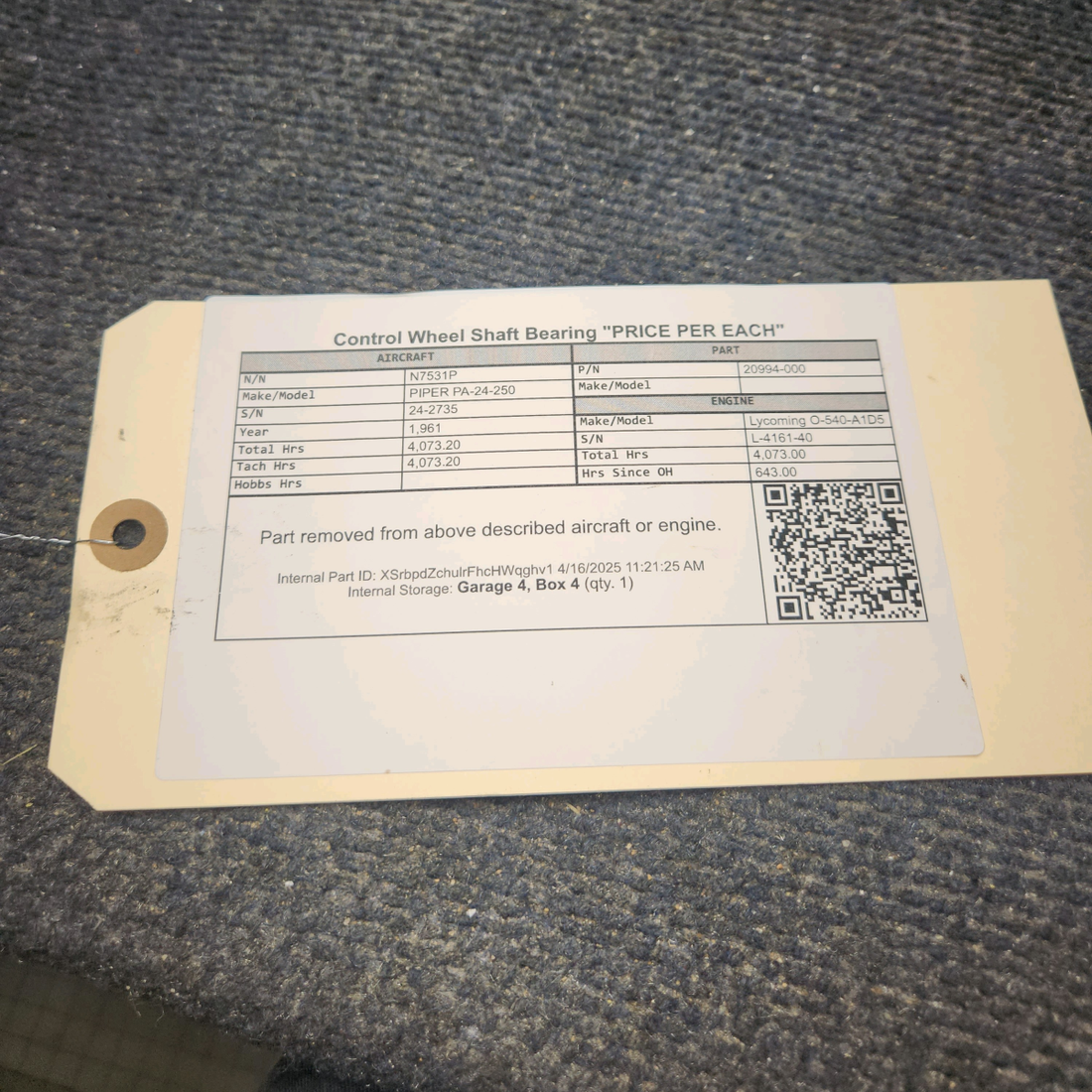 Used aircraft parts for sale, 20994-000 PIPER PA-24-250 Control Wheel Shaft Bearing "PRICE PER EACH"