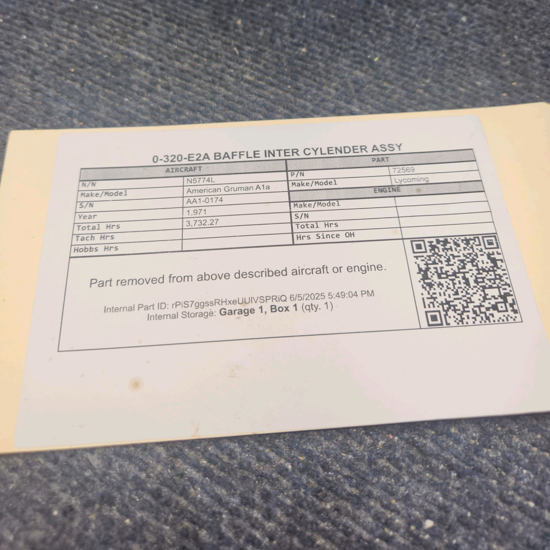 Used aircraft parts for sale, 72569 Lycoming 0-320-E2A American Gruman A1A BAFFLE INTER CYLENDER ASSY