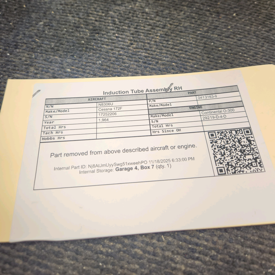 Used aircraft parts for sale, 0413163-9 Cessna 172F Induction Tube Assembly - RH