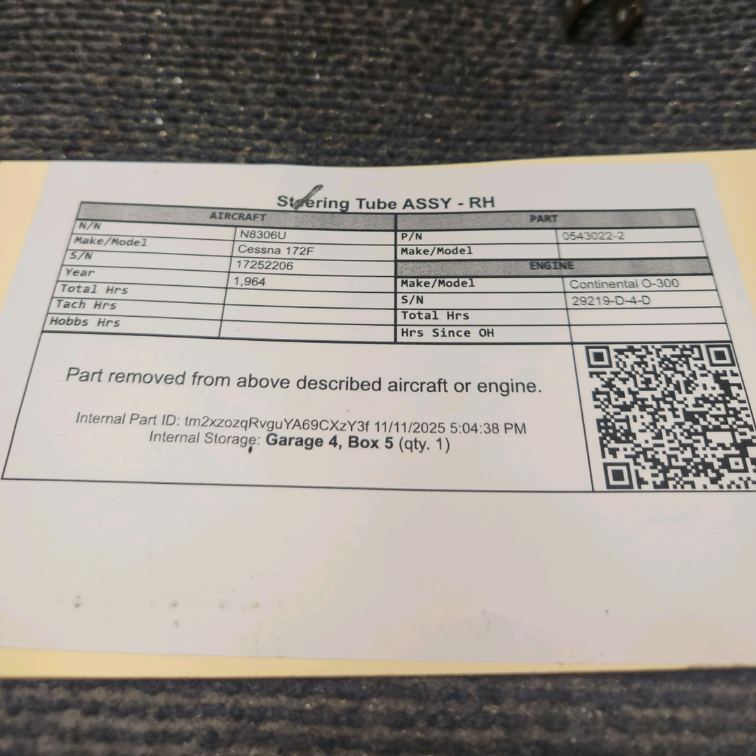 Used aircraft parts for sale, 0543022-2 Cessna 172F Steering Tube ASSY - RH