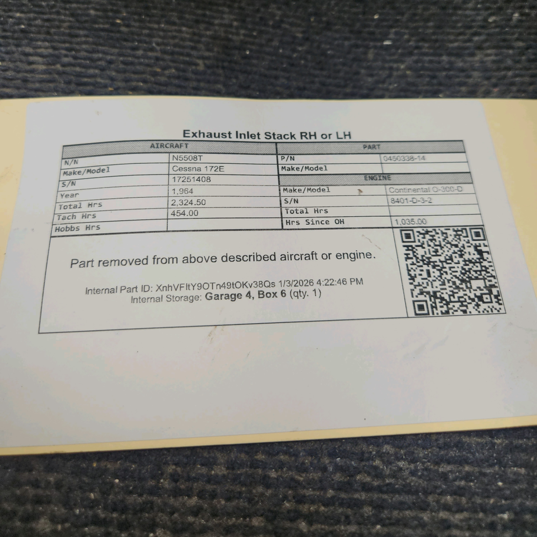 Used aircraft parts for sale, 0450338-14 Cessna 172E Exhaust Inlet Stack RH or LH