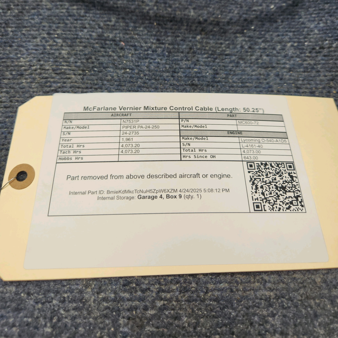 Used aircraft parts for sale, MC600-72 McFalene PIPER PA-24-250 McFarlane Vernier Mixture Control Cable (Length: 50.25”)