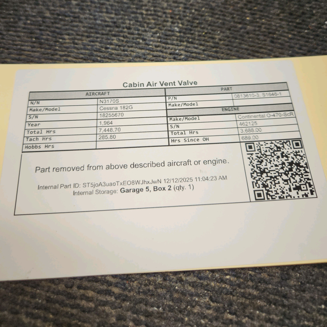 Used aircraft parts for sale, 0813610-3 Cessna 182G Cabin Air Vent Valve