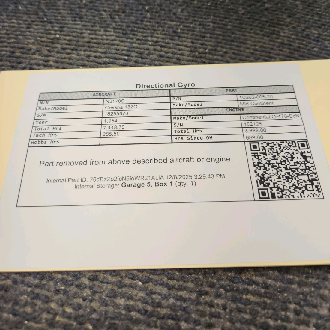 Used aircraft parts for sale, 1U262-005-20 Mid-Continent Cessna 182G Directional Gyro