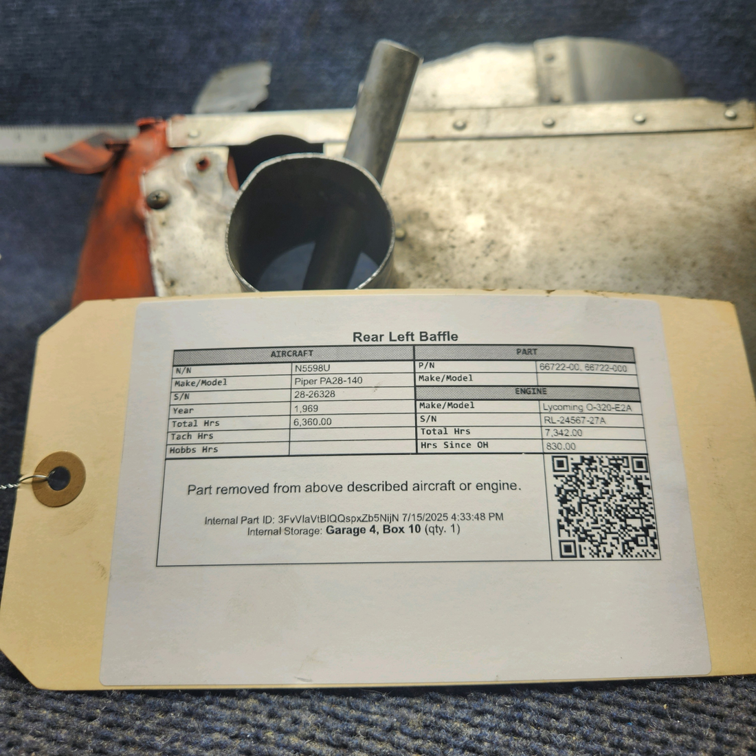 Used aircraft parts for sale, 66722-00 Lycoming O-320 Piper PA28-140 Rear Left Baffle