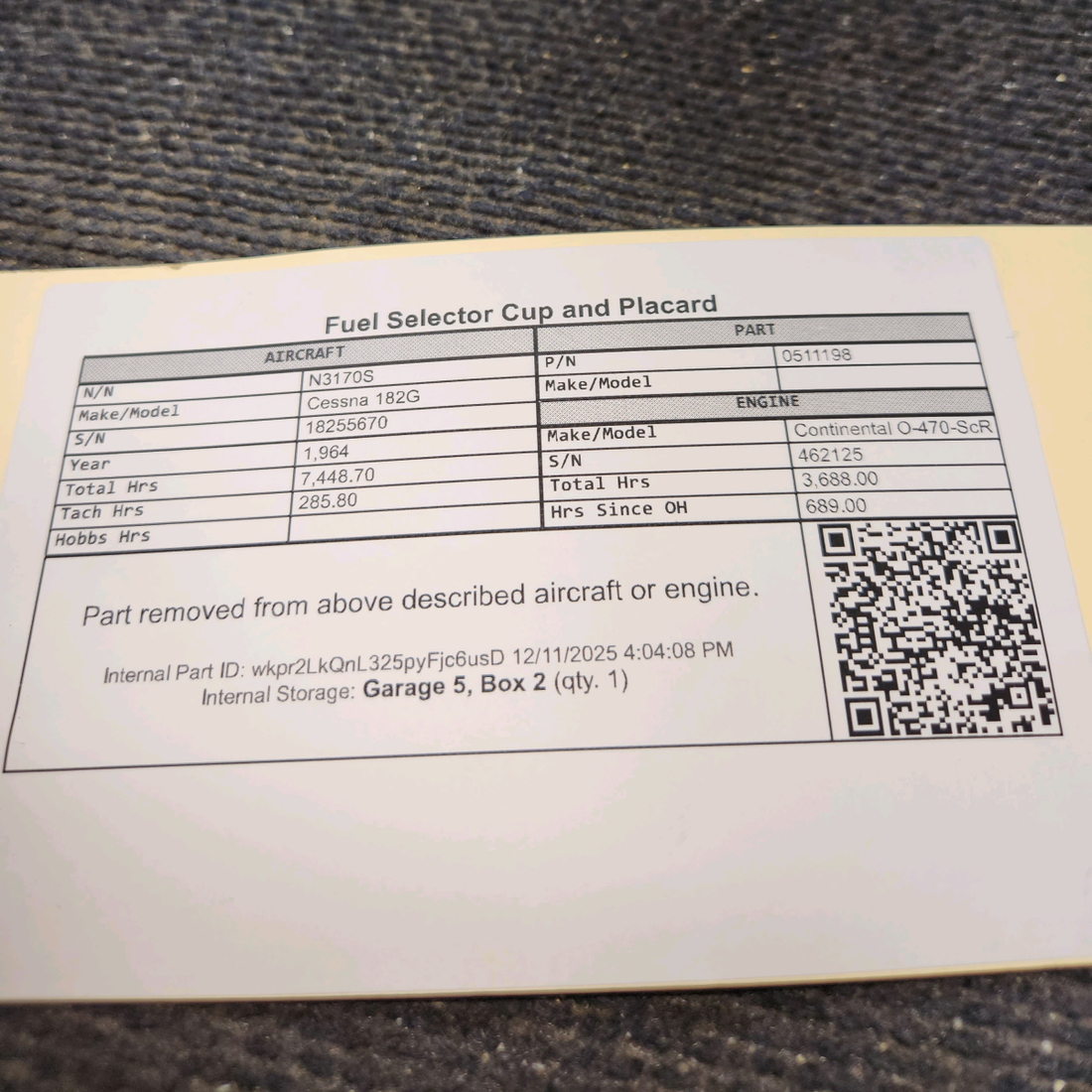 Used aircraft parts for sale, 0511198 Cessna 182G Fuel Selector Cup and Placard