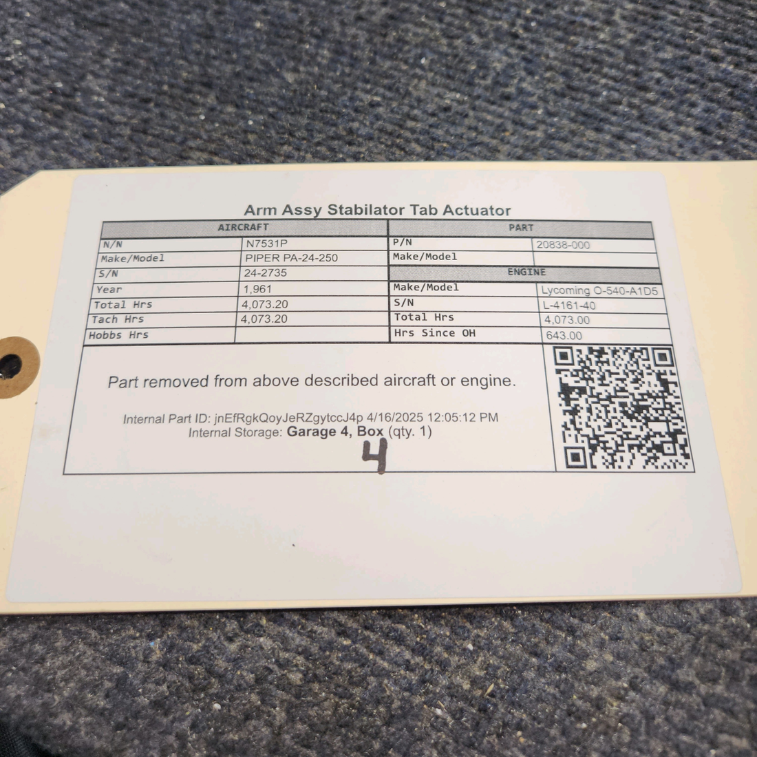 Used aircraft parts for sale, 20838-000 PIPER PA-24-250 Arm Assy Stabilator Tab Actuator