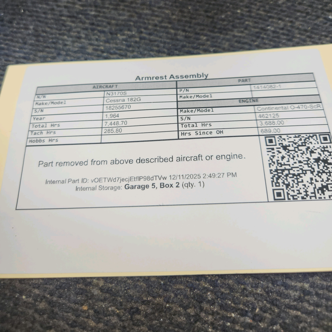 Used aircraft parts for sale, 1414082-1 Cessna 182G Armrest Assembly